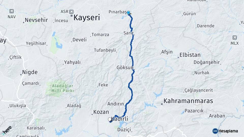 Kayseri Pınarbaşı Kadirli Osmaniye Arası Kaç Km - Yol Haritası