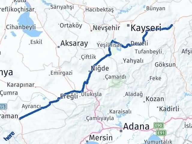 Kayseri Pınarbaşı Karaman Arası Kaç Km - Yol Haritası