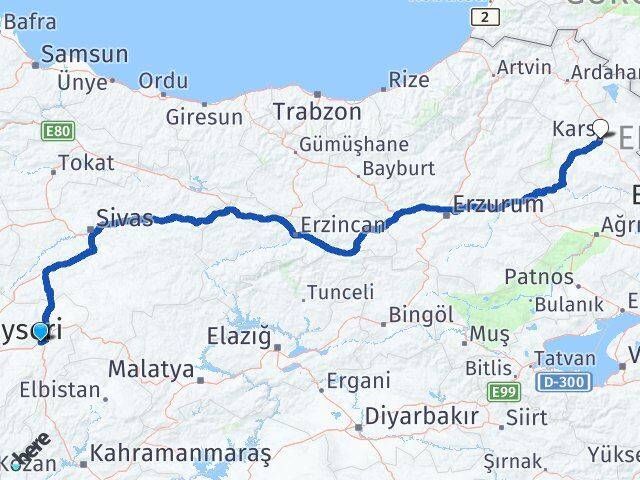 Kayseri Pınarbaşı Kars Arası Kaç Km - Yol Haritası