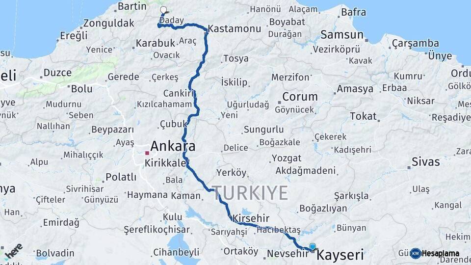 Kayseri Pınarbaşı Kastamonu Arası Kaç Km - Yol Haritası