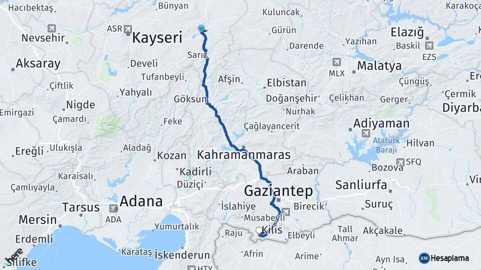 Kayseri Pınarbaşı Kilis Arası Kaç Km - Yol Haritası