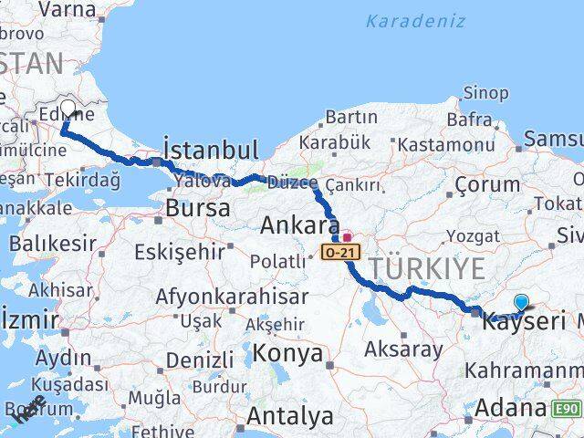 Kayseri Pınarbaşı Kırklareli Arası Kaç Km - Yol Haritası