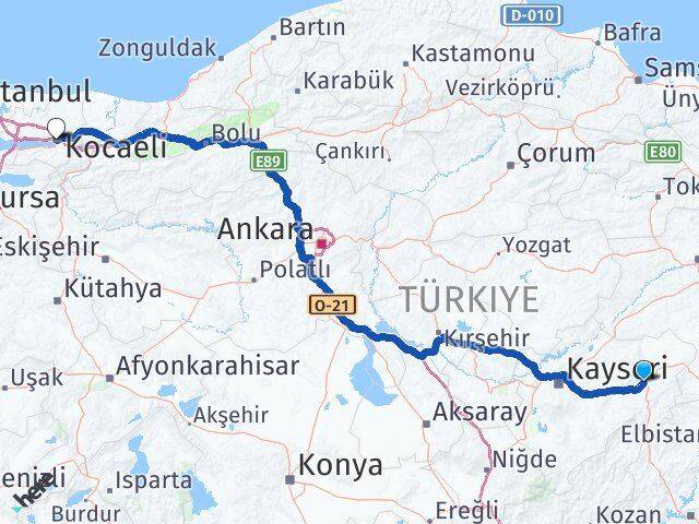 Kayseri Pınarbaşı Kocaeli Arası Kaç Km - Yol Haritası