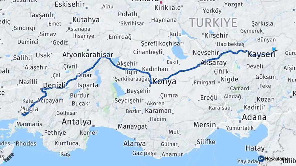 Kayseri Pınarbaşı Muğla Arası Kaç Km - Yol Haritası
