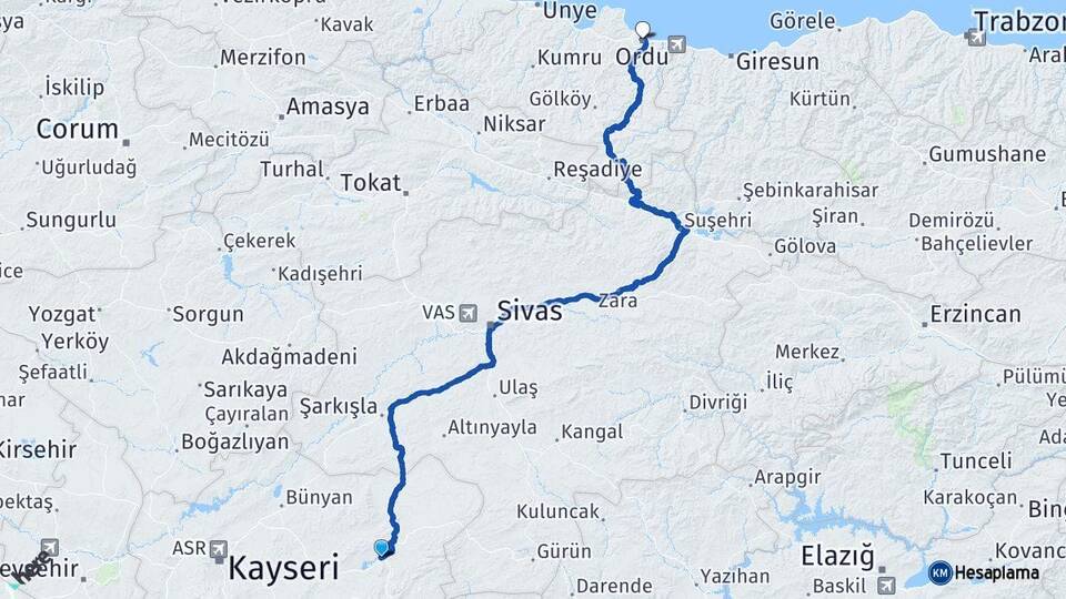 Kayseri Pınarbaşı Ordu Arası Kaç Km - Yol Haritası