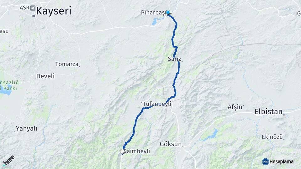 Kayseri Pınarbaşı Saimbeyli Adana Arası Kaç Km - Yol Haritası