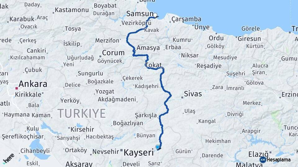 Kayseri Pınarbaşı Samsun Arası Kaç Km - Yol Haritası