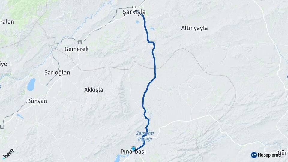 Kayseri Pınarbaşı Şarkışla Sivas Arası Kaç Km - Yol Haritası