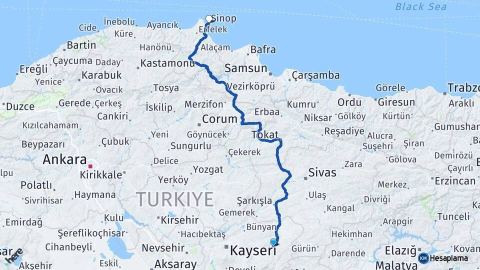 Kayseri Pınarbaşı Sinop Arası Kaç Km - Yol Haritası