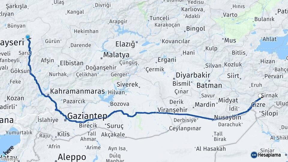 Kayseri Pınarbaşı Şırnak Arası Kaç Km - Yol Haritası
