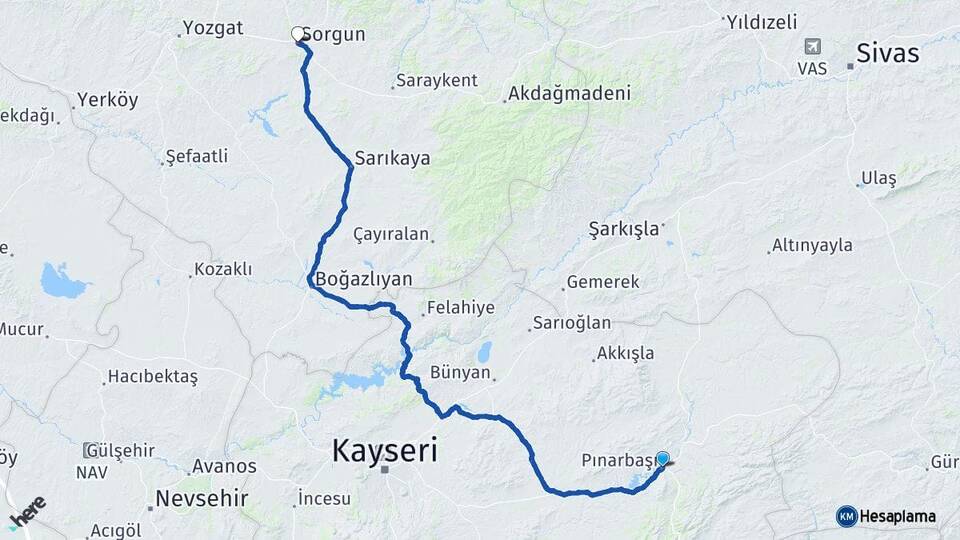 Kayseri Pınarbaşı Sorgun Yozgat Arası Kaç Km - Yol Haritası