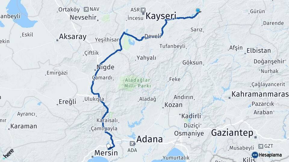 Kayseri Pınarbaşı Tarsus Mersin Arası Kaç Km - Yol Haritası