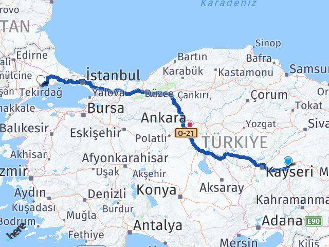 Kayseri Pınarbaşı Tekirdağ Arası Kaç Km - Yol Haritası