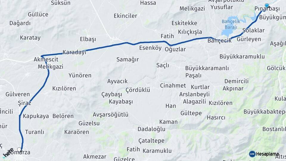 Kayseri Pınarbaşı Tomarza Arası Kaç Km - Yol Haritası
