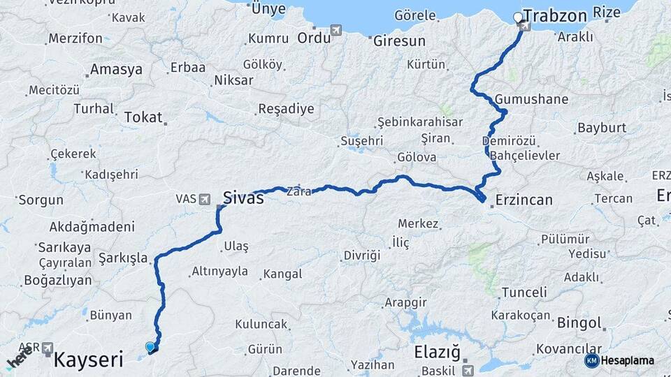 Kayseri Pınarbaşı Trabzon Arası Kaç Km - Yol Haritası