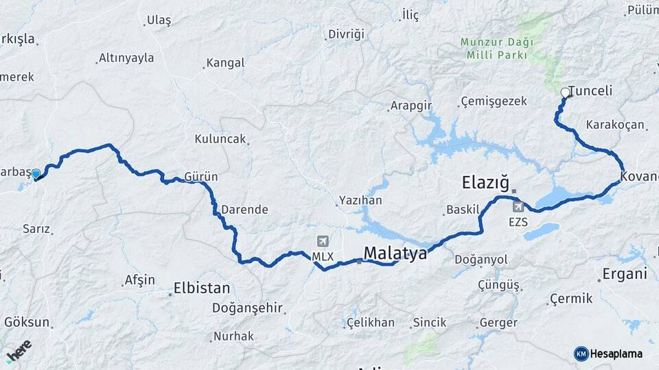 Kayseri Pınarbaşı Tunceli Arası Kaç Km - Yol Haritası