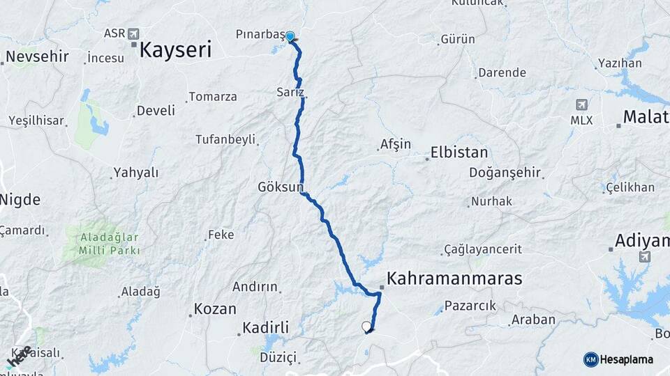 Kayseri Pınarbaşı Türkoğlu Kahramanmaraş Arası Kaç Km - Yol Haritası