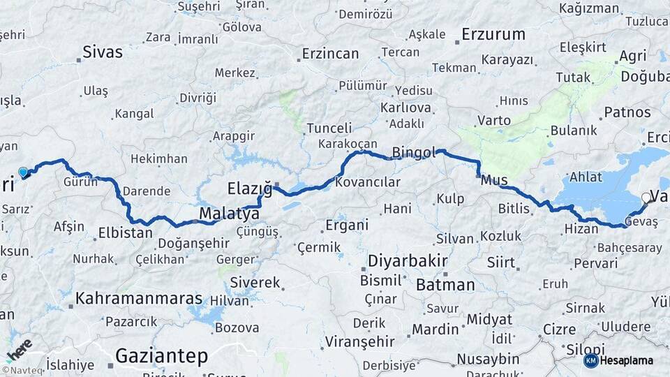 Kayseri Pınarbaşı Van Arası Kaç Km - Yol Haritası