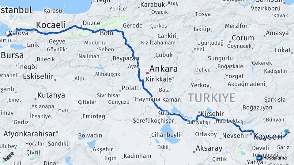 Kayseri Pınarbaşı Yalova Arası Kaç Km - Yol Haritası