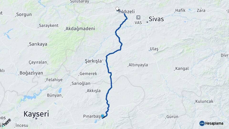 Kayseri Pınarbaşı Yıldızeli Sivas Arası Kaç Km - Yol Haritası