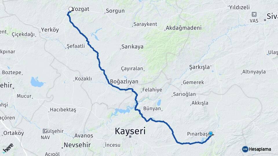 Kayseri Pınarbaşı Yozgat Arası Kaç Km - Yol Haritası