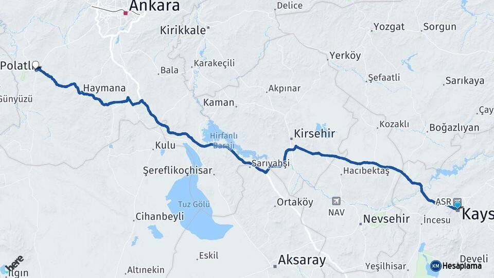Kayseri Polatlı Ankara Arası Kaç Km - Yol Haritası