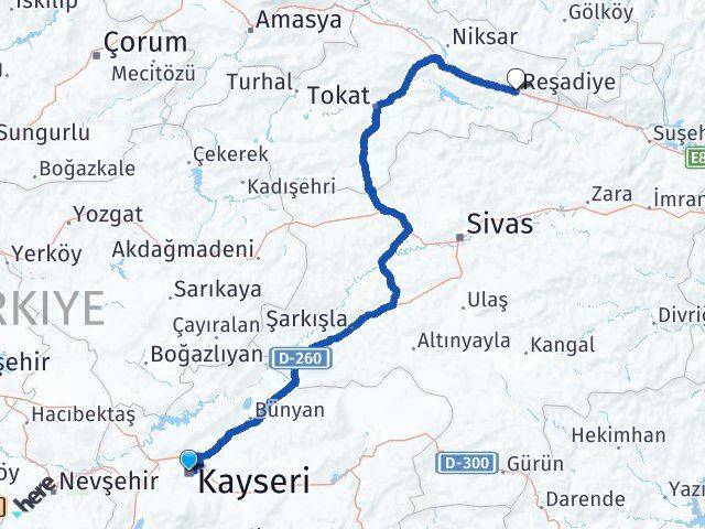 Kayseri Reşadiye Tokat Arası Kaç Km - Yol Haritası