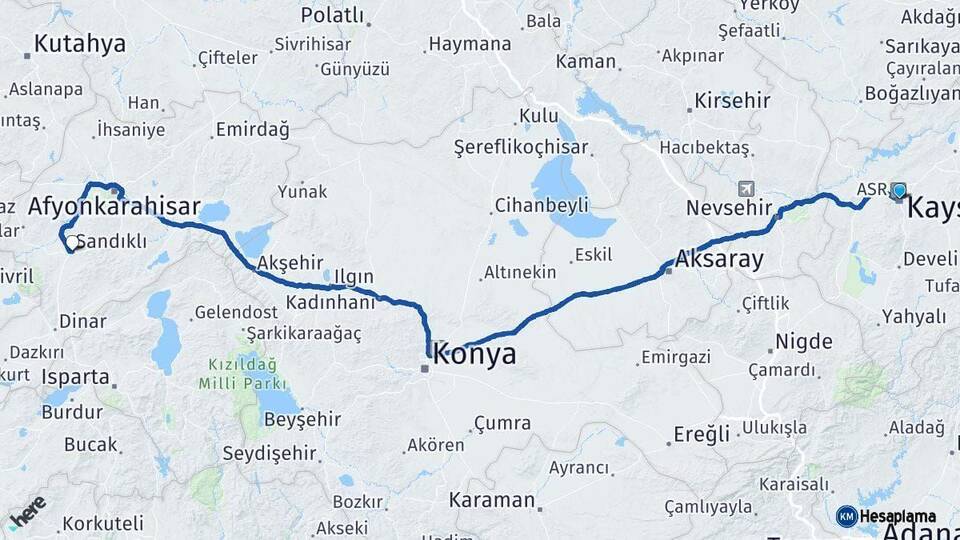 Kayseri Sandıklı Afyonkarahisar Arası Kaç Km - Yol Haritası