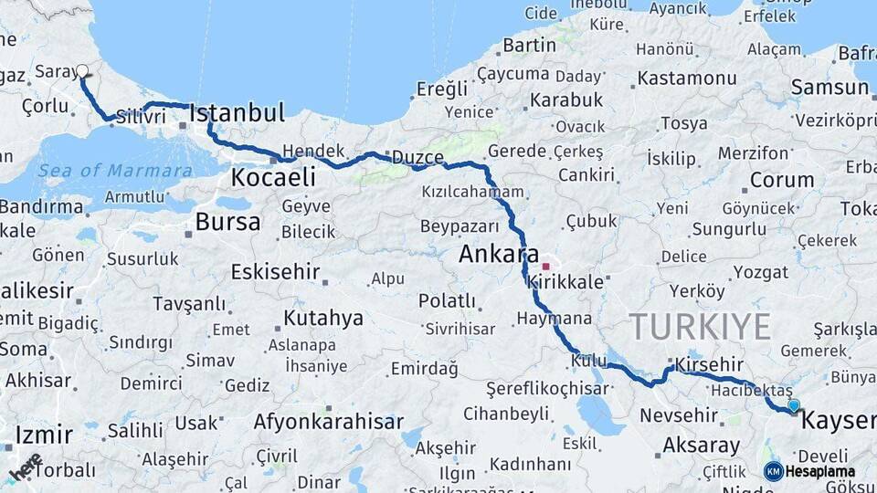 Kayseri Saray Tekirdağ Arası Kaç Km - Yol Haritası