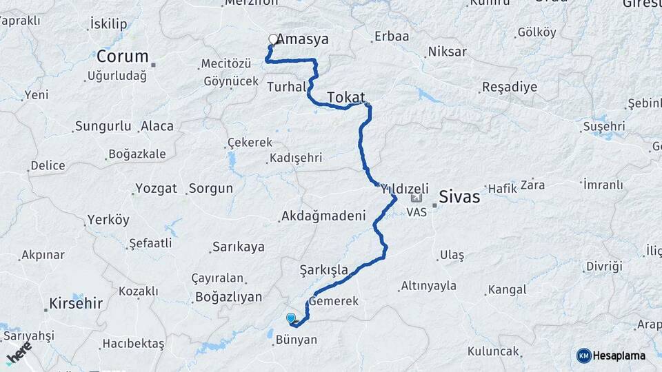 Kayseri Sarıoğlan Amasya Arası Kaç Km - Yol Haritası