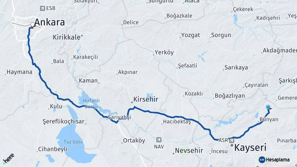 Kayseri Sarıoğlan Ankara Arası Kaç Km - Yol Haritası
