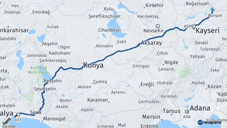 Kayseri Sarıoğlan Antalya Arası Kaç Km - Yol Haritası