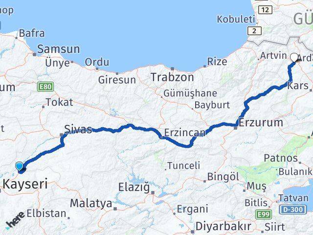 Kayseri Sarıoğlan Ardahan Arası Kaç Km - Yol Haritası