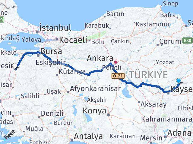 Kayseri Sarıoğlan Balıkesir Arası Kaç Km - Yol Haritası