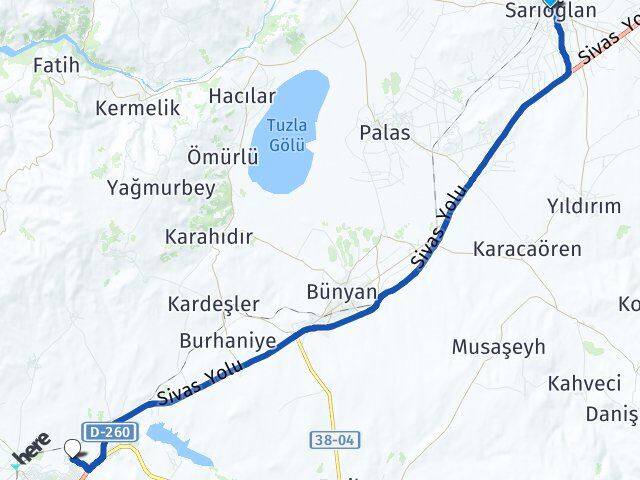 Kayseri Sarıoğlan Barsama Kocasinan Arası Kaç Km - Yol Haritası