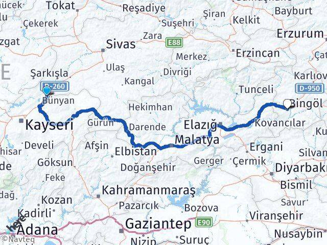 Kayseri Sarıoğlan Bingöl Arası Kaç Km - Yol Haritası