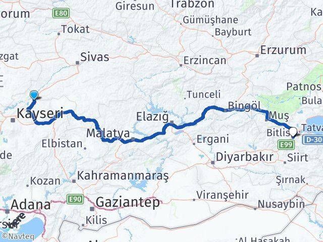 Kayseri Sarıoğlan Bitlis Arası Kaç Km - Yol Haritası