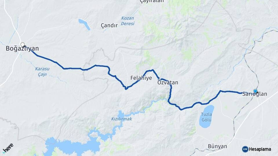 Kayseri Sarıoğlan Boğazlıyan Yozgat Arası Kaç Km - Yol Haritası