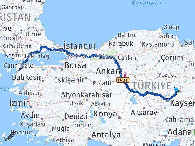 Kayseri Sarıoğlan Çanakkale Arası Kaç Km - Yol Haritası