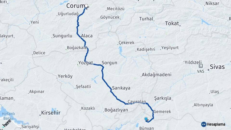 Kayseri Sarıoğlan Çorum Arası Kaç Km - Yol Haritası