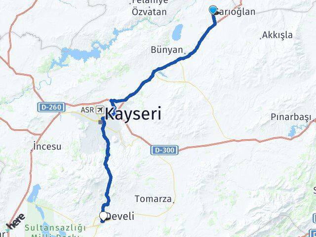 Kayseri Sarıoğlan Develi Arası Kaç Km - Yol Haritası