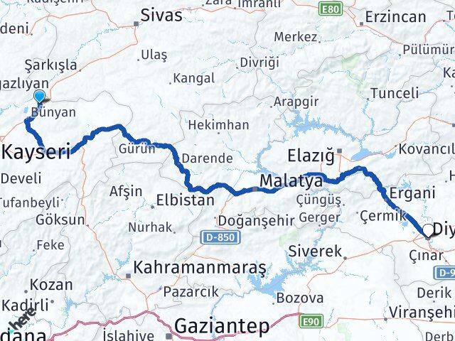 Kayseri Sarıoğlan Diyarbakır Arası Kaç Km - Yol Haritası
