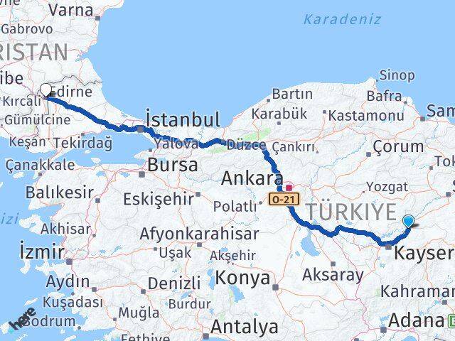 Kayseri Sarıoğlan Edirne Arası Kaç Km - Yol Haritası