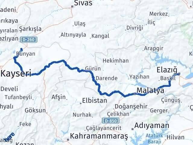 Kayseri Sarıoğlan Elazığ Arası Kaç Km - Yol Haritası
