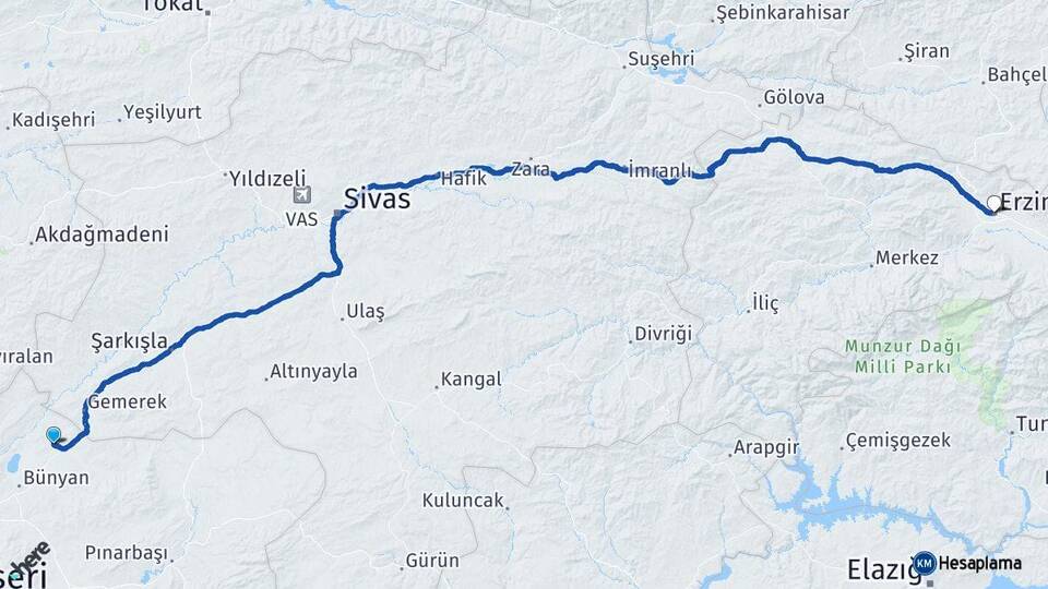 Kayseri Sarıoğlan Erzincan Arası Kaç Km - Yol Haritası