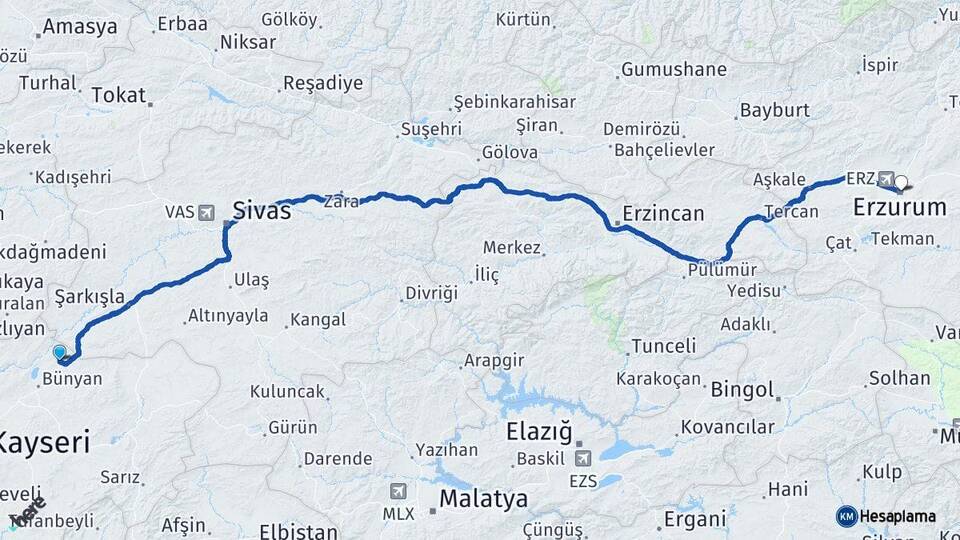 Kayseri Sarıoğlan Erzurum Arası Kaç Km - Yol Haritası