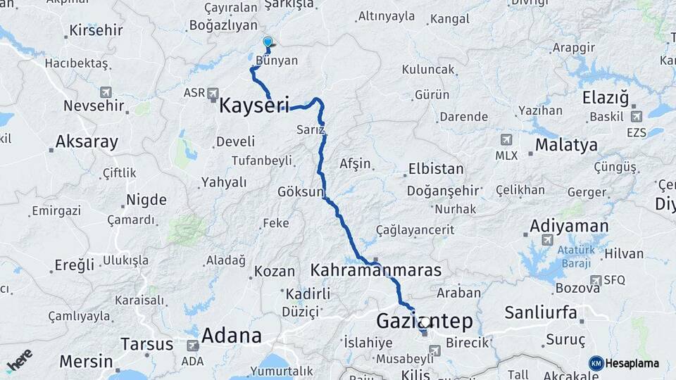 Kayseri Sarıoğlan Gaziantep Arası Kaç Km - Yol Haritası