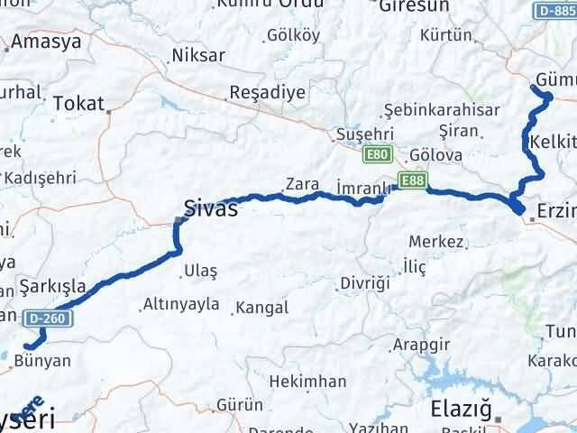 Kayseri Sarıoğlan Gümüşhane Arası Kaç Km - Yol Haritası