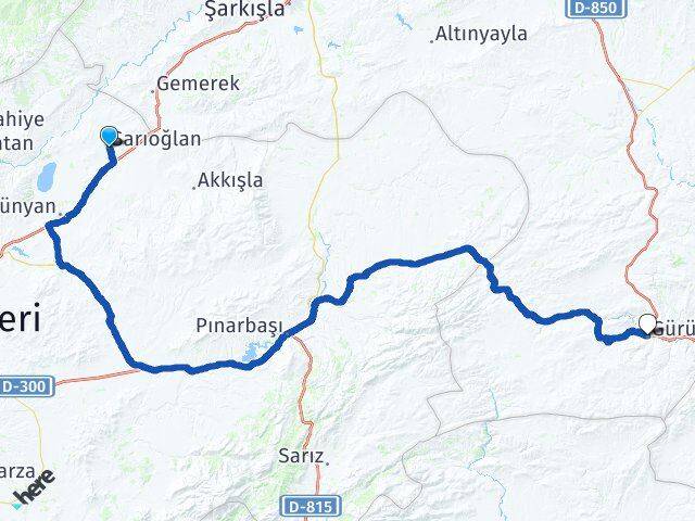 Kayseri Sarıoğlan Gürün Sivas Arası Kaç Km - Yol Haritası
