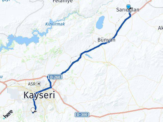 Kayseri Sarıoğlan Hacılar Arası Kaç Km - Yol Haritası